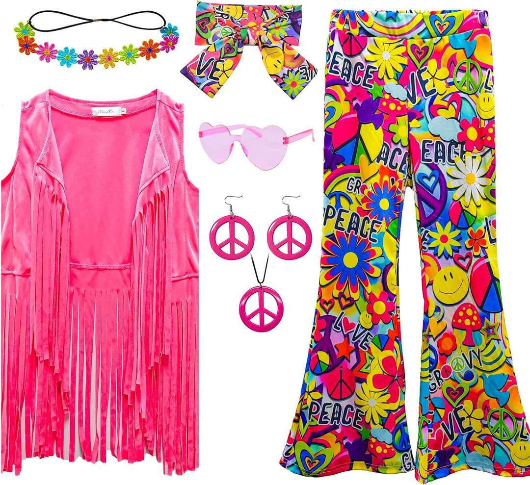 8 Pcs Girls Kids 60s 70s Hippie Costume Disco Outfits Fringe Vest Boho Bell Bottoms Hippie Outfits Accessories Set (5-6 Years, Peace Love)