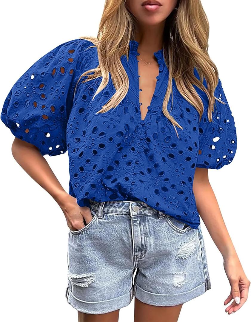 BETTE BOUTIK Women's Long Short Sleeve Tops 2025 Dressy Casual Button Hollow Out Lace Embroidered Blouses Shirts (Blue, XL)