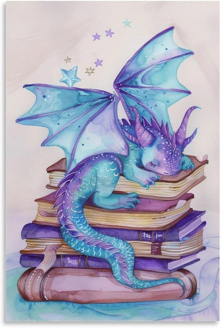 Watercolor Style Book Blue Purple Dragon Cute Poster Canvas Wall Art Aesthetic Posters & Prints Wall Decor for Bedroom Living Room Paintings Pictures Wall Decor Framed Unframed 16x24inch(40x60cm)