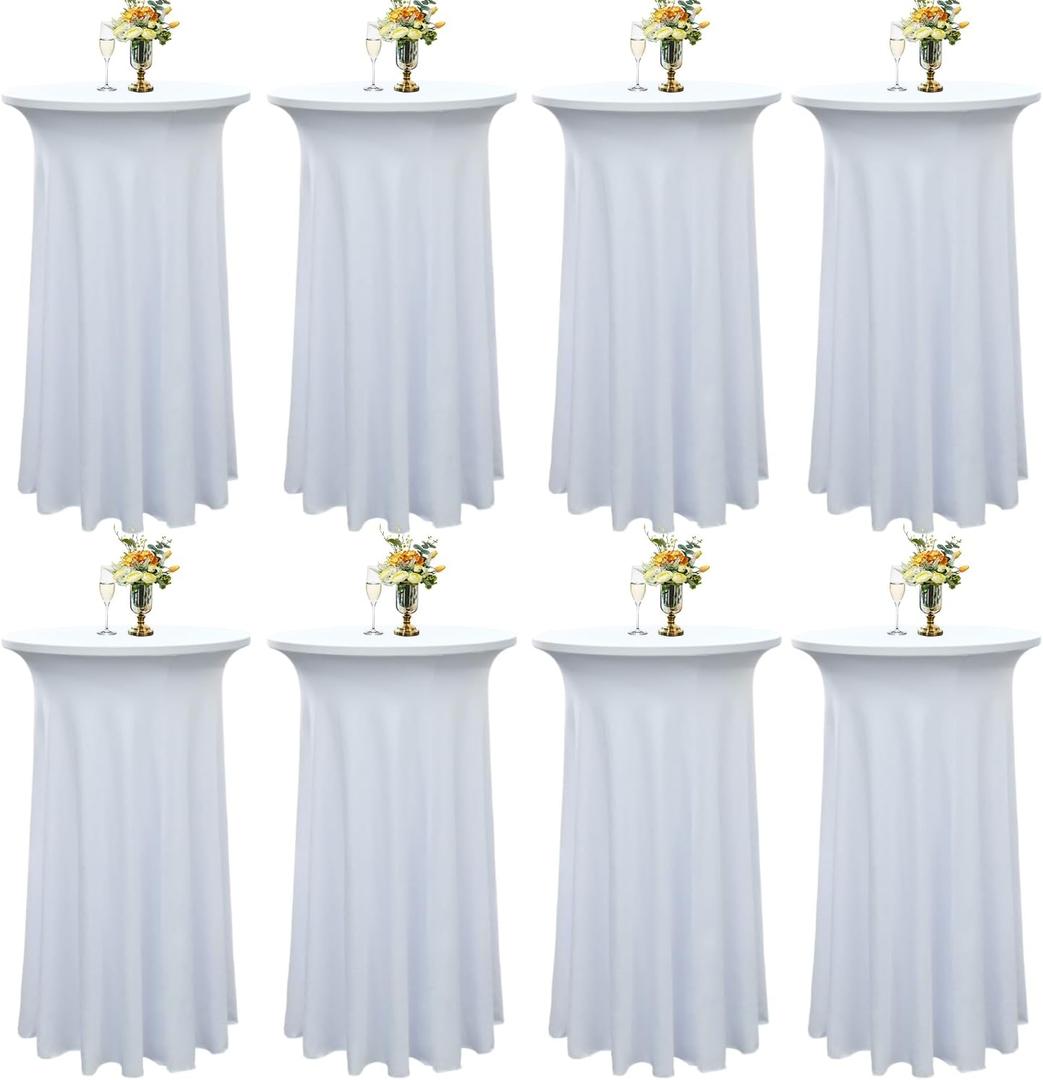 8-Pack 24"x43" White Round Cocktail Table Skirts | Stretch Spandex Fitted Tablecloths | Wrinkle-Resistant, Stain-Resistant, and Machine Washable for Bars, Weddings, Parties, and Banquets