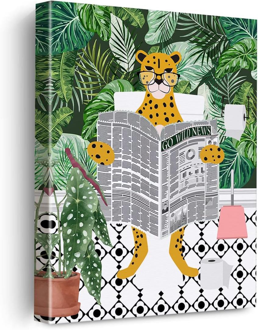 EVXID Bathroom Cheetah on Toilet Reading Newspaper Canvas Poster Painting Wall Art, Tropical Plants Cheetah Print Picture Artwork Framed Ready to Hang for Restroom Wall Decor 12 x 15 Inch (Leopard-04)