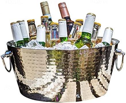 BREKX Hammered Stainless-Steel Beverage Tub, Double-Walled Insulated Anchored Drink Tub & Ice Bucket with Double Hinged Handles, Drink Chiller for Parties, 12 Quarts
