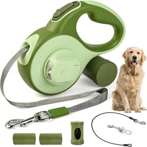 Retractable Dog Leash for Large Dogs, 26ft Heavy Duty-for Dog up to 100lbs, with Chew Proof Cable, LED Light, Dispenser, Poop Bags, 360 No Tangle, One-Handed Brake & Lock. (Green, 26ft)