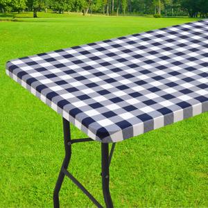 Smiry Rectangle Picnic Table Cloth, Elastic Waterproof Fitted Vinyl Tablecloths, Flannel Backed Buffalo Plaid Table Covers for Dining, Camping, Outdoor (White and Navy, 36" x 72")