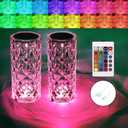 BGFHome 2 Pack Crystal Table Lamp 16 RGB Color Changing Rose Diamond Touch Lights, Protable Rechargeable Cordless Bedside Night Light with Remote, Aesthetic Room Decor Gift for Bedroom, Party, Dinner
