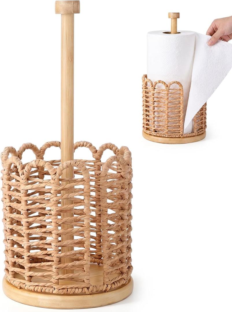 1 Pcs Natural Woven Rattan Paper Towel Holder 13.4 Inch Countertop Dispenser with Rattan Weaving Cage and Solid Wood Base, Rustic Farmhouse Kitchen Decor for Napkins and Roll Towels