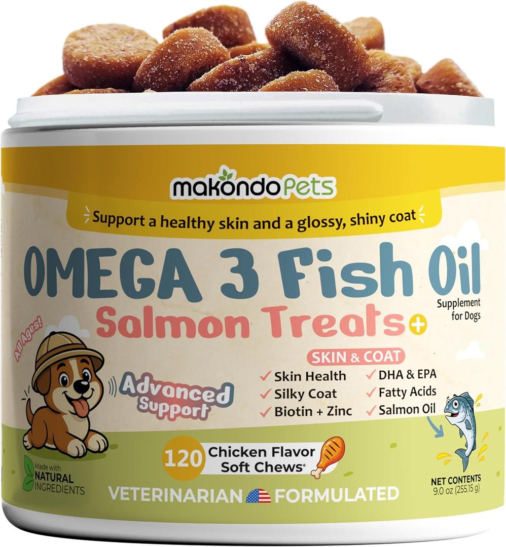 Omega 3 Soft Chews Salmon Oil for Dogs Skin and Coat Support, Itch Relief & Shedding Support EPA & DHA Dog Fish Oil Fatty Acids 120 Chews by Makondo Pets.