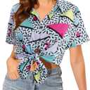 80s 90s Outfits for Women Retro Theme Party Disco Shirt 80s Hawaiian Shirt Neon Button Down Short Sleeve Blouse Tops