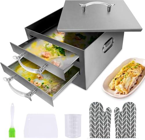 2-Layer Rice Roll Steamer, Stainless Steel Rice Noodle Roll Steamer with Acrylic Handle Steam Tray, Top Open Rice Noodle Roll Machine, for Chinese Cheung Fun Changfen Cuisine Recipes Cookware