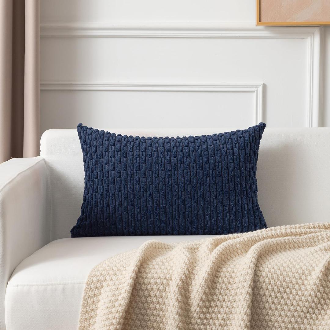 Kevin Textile 14x22 Inch Pillow Cover 1 Pack Boho Decorative Soft Striped Corduroy Lumbar Farmhouse Color Accent Rectangle Cushion Case for Living Room Couch Sofa Bed, Navy Blue