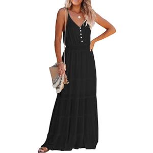 PRETTYGARDEN Sundress for Women 2025 Summer Spaghetti Strap Sleeveless High Waist Beach Long Maxi Dresses (Medium, Black)
