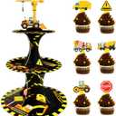 Construction Birthday Cupcake Stand with 24pcs Cupcake Toppers for Construction Themed Zone Party Decorations 3 Tire Dump Truck Car Cupcake Dessert Holder for Construction Baby Shower Party Supplies