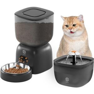 Automatic Cat Feeder with 3L Dry Cat Food Dispenser and 2L Water Fountain, Timed Feeder Dog with Portion Control and Daily Meals, Wire/Battery Automatic Feeders Black