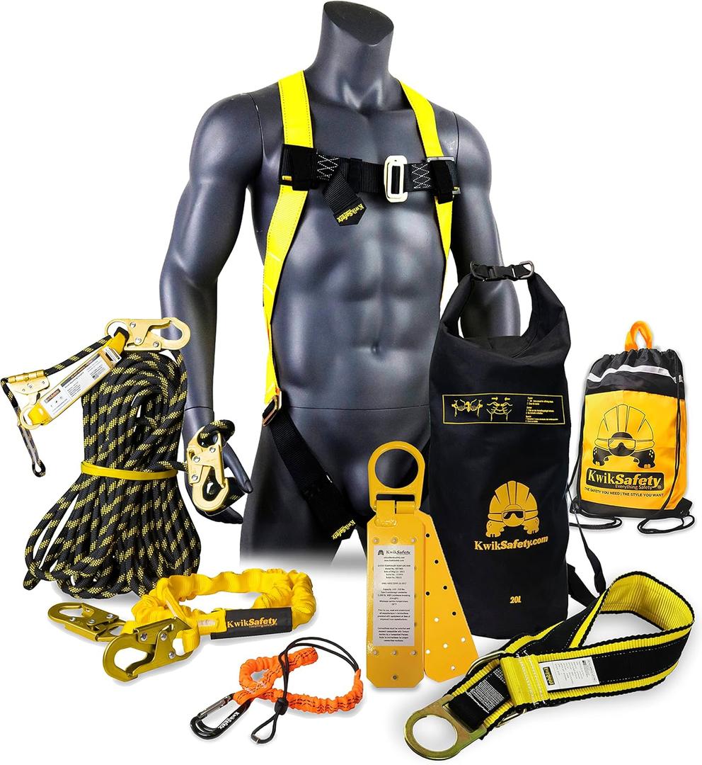 KwikSafety - Charlotte, NC - TSUNAMI BUNDLE [Premium BRAIDED ROPE] Vertical Lifeline, Safety Harness, Safety Lanyard, Cross Arm Strap, Tool Lanyard, Roof Anchor, 20L Dry Bag ANSI OSHA | 50 FT. (Bundle (Save $15))