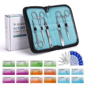 Alcedo Sterile Sutures Thread & Needle with Tools Kit, First Aid Field Emergency Supplies, 16 Mixed 0, 2/0, 3/0, 4/0 Threads with 12 Instruments, Complete Kit (28 Pieces)
