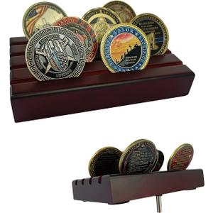 Small Military Challenge Coins Display Holder Solid Wood,Challenge Coin Stand Holds 10-12 Coins ,4 Row Coin Holder Rack for Desk, Challenge Coin Display Case ,Red Finish (Mahogany)