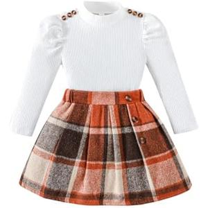 Guodeunh Toddler Girl Clothes,Girls Clothes Skirt Set Puff Sleeve Tops + Plaid Skirt 2 Pcs Fall Winter Outfits 3-4 Y