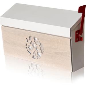 Wall Mount Mailbox, Large Capacity Mailbox for House Outside with Flag Kit Galvanized Steel Rust-Proof Metal Post Drop Box, 15.74"9.84"4.33" Flower Hollowed Wooden Patterned Metal Sheet