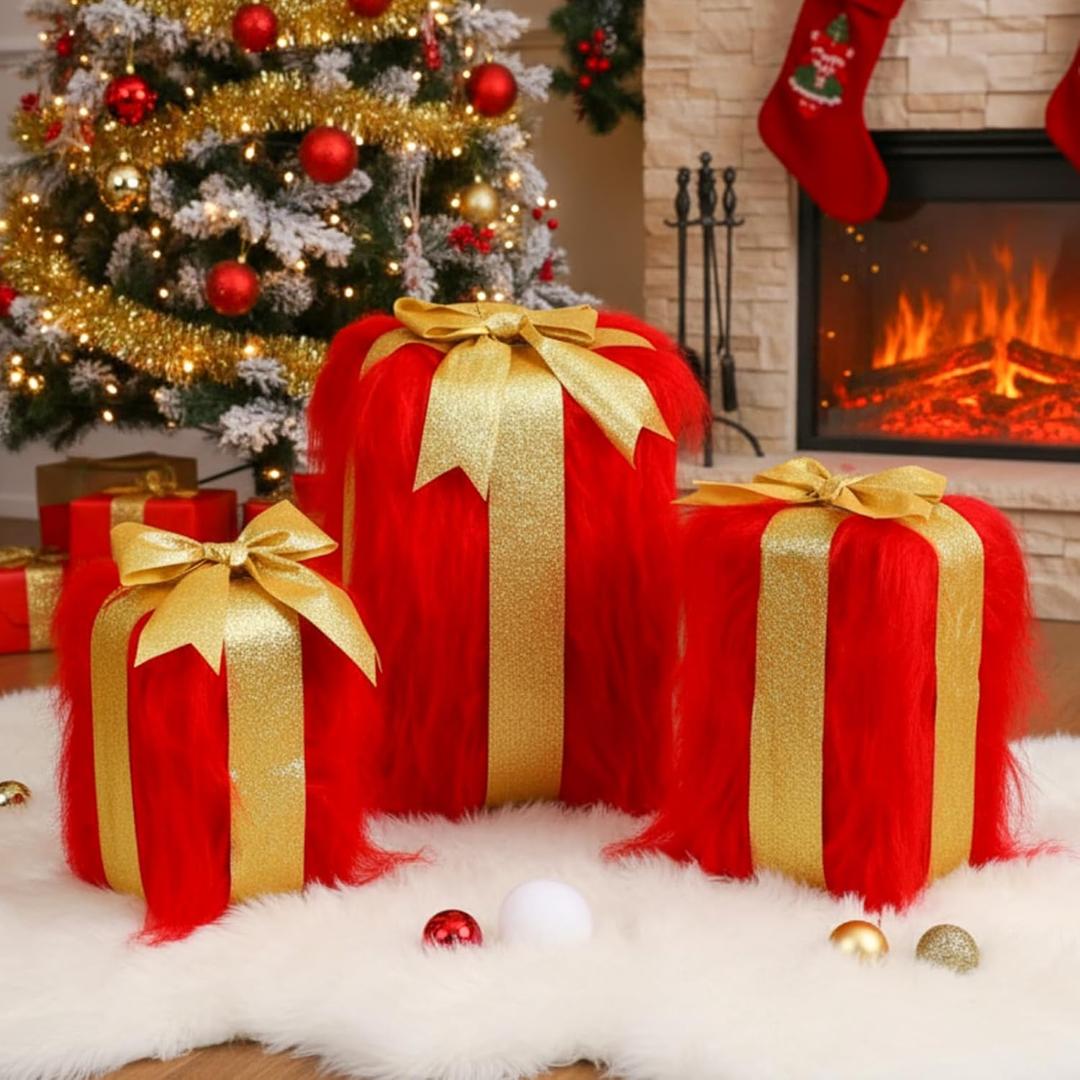 Hillsuren 3 Pack Furry Christmas Nesting Gift Boxes Faux Fur Fabric Stacking Christmas Boxes with Hot Glue Kit Ribbon for Xmas DIY Craft Holiday Present Wrapping Party Decor(Bright Style)