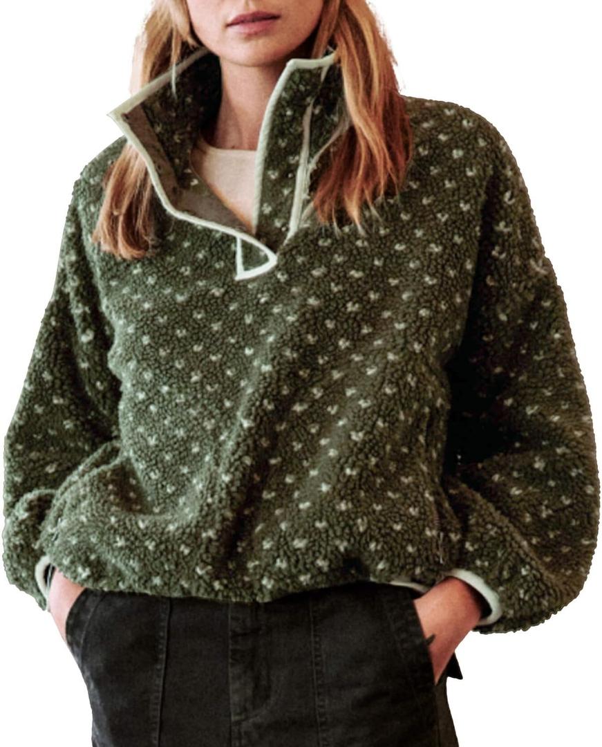 Womens Fleece Sweatshirt Half Zip Sherpa Pullover Jackets Warm Long Sleeve Vintage Hiking Coat with Pockets(Dark-Green,M)