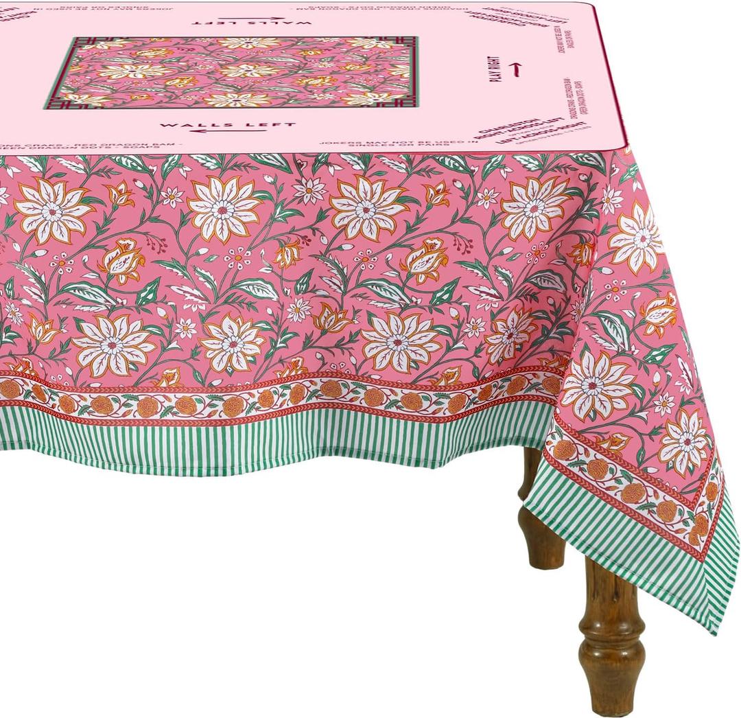 Mahjong Tablecloth 55" x 55" Polyester Square Instructional Design with Rules for Family Game Night Party Favor Supplies(Candy Pink)