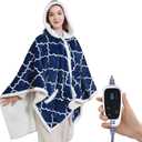 Sealy Wearable Heated Throw Blanket, Flannel & Sherpa Electric Throw Shawl Poncho with Hoodie & Pocket, 6 Heating Levels & 2-10 Hours Auto Shut Off, Machine Washable, 50x60 Inch, Navy