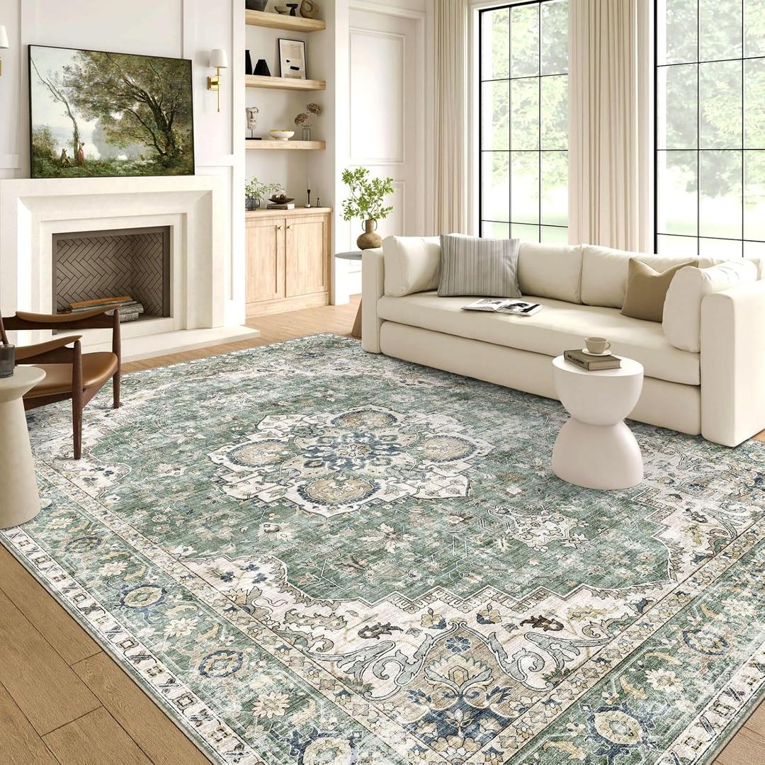 6x9 Area Rug for Living Room - Large Oriental Washable Rugs for Bedroom Non-Slip Sage Green Medallion Dining Room Rug Farmhouse Low-Pile Carpet Soft Vintage Bedroom Rug for Bedside Guest Room