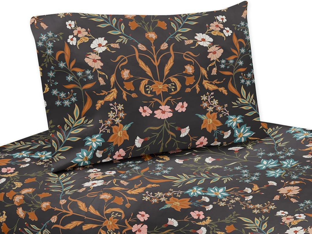 Sweet Jojo Designs Boho Wildflower Vintage Floral Girl Queen Sheet Set Flat Fitted Bed Sheets Pillow Covers Kids Childrens Adult Bedding 4p Black Orange Teal Bohemian Farmhouse Botanical Cottagecore