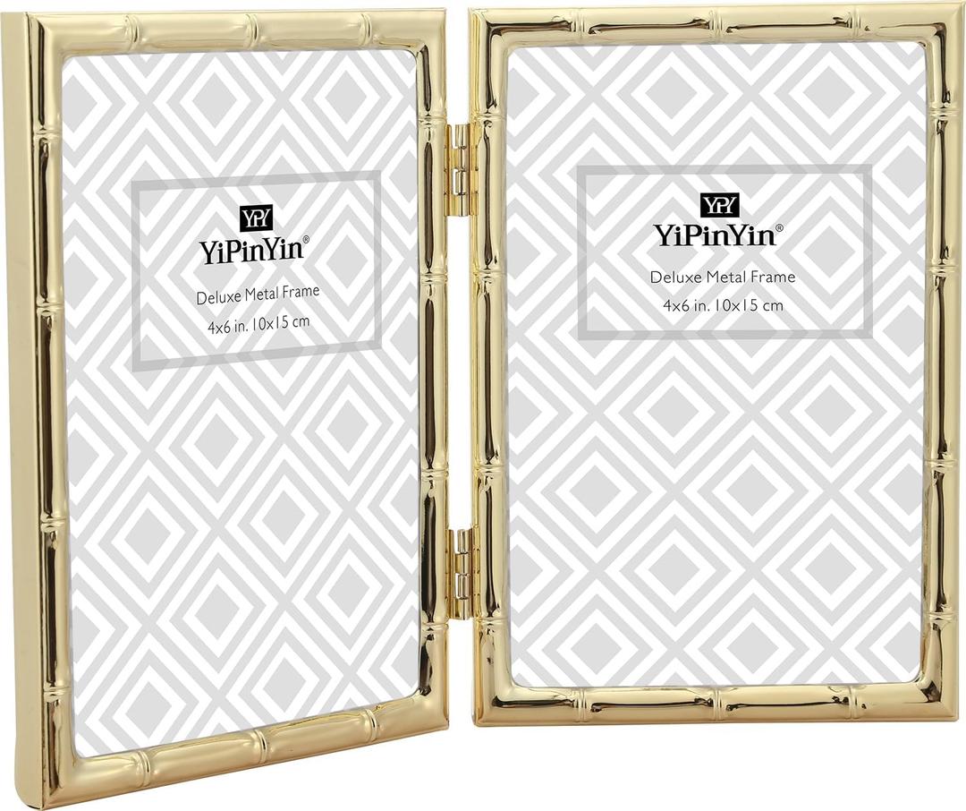 4x6'' Bamboo Detail Double Photo Frames, Gold Metal Picture 6x4'' Double, Elegant Gold Thin Edge Photo Frames 4 x 6'' With Soft Touch Velvet Backing and Real Glass for Desktop