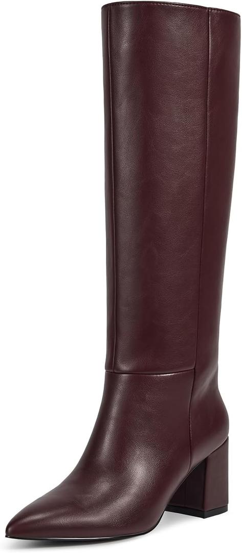 wetkiss Low Heel Knee High Boots for Women Regular Calf Friendly Side Zipper Almond Toe Faux Leather Comfortable Boots for Walking, Dancing, Standing for Long Periods With No Pain (7.5)