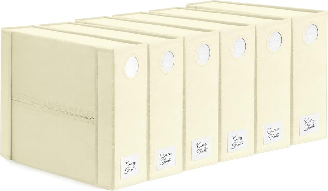 Dreamzie 6 Pack Bed Sheet Organizers and Storage - Front Window and Label - Foldable Linen Closet Organizers and Storage - Beige