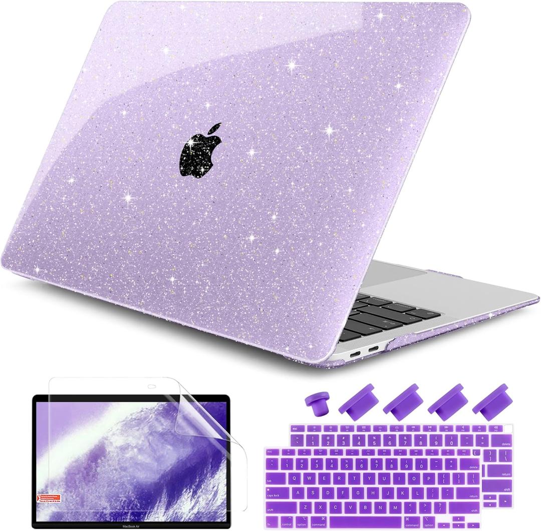DONGKE for MacBook Air 13 inch Case 2021-2018 Release A2337 M1 A2179 A1932, Bling Plastic Hard Shell Case & Keyboard Cover Only Compatible with MacBook Air 13 inch Retina Fits Touch ID, Sparkly Purple