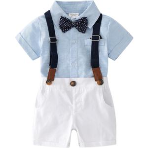 Baby Boys Gentleman Outfits Suits, Infant Shirt+Shorts+Bow Tie+Suspenders Clothes Set (6-9 Months, Light Blue + White)