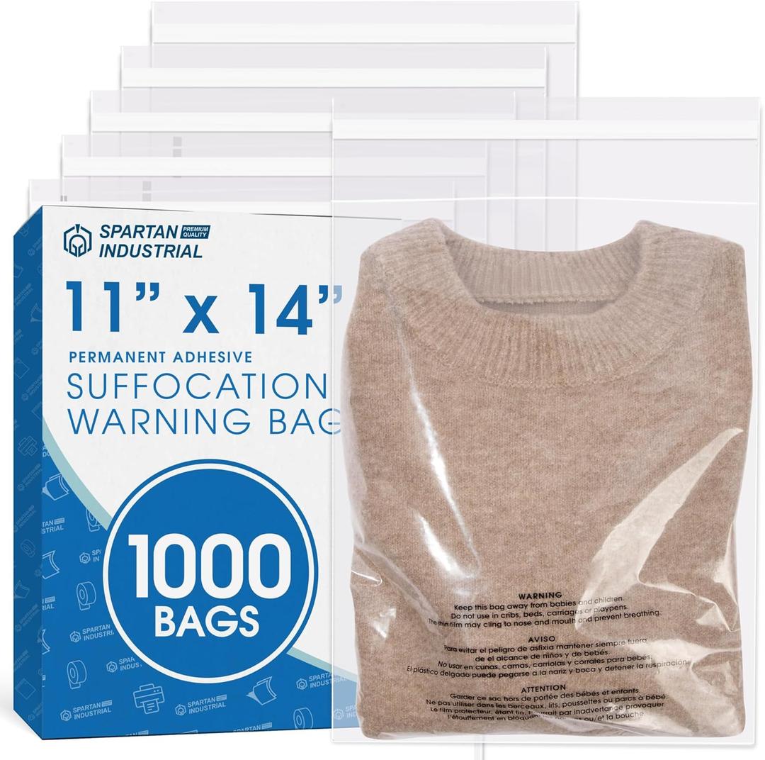 Spartan Industrial - 11" X 14" (1000 Count) Self Seal Clear Poly Bags with Suffocation Warning for Packaging, T Shirts - Permanent Adhesive (11" X 14" (1000 Pack))
