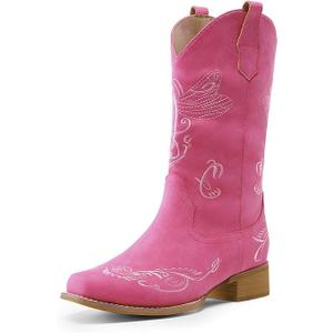DREAM PAIRS Women's Square Toe Cowboy Cowgirl Boots Pull On Low Chunky Heel Mid Calf Western Boots with Embroidered Stitched for Theme Party Country Concert, Size 9.5