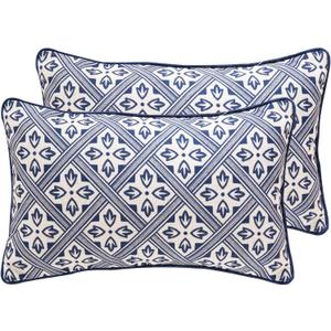 Designer Throw Pillow Covers Set of 2,Chinoiserie Blue Elegant Linen with Striped Floral Pattern Pillow Cover,Decorative Lumbar Pillowcases Cushion for Bed Living Room Outdoor Car,12"x20