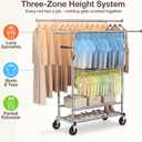 Heavy Duty Clothes Rack Load 960LBS, Adjustable Three Rods Rolling Garment Rack with Double-Layer Bottom Shelf, Portable Commercial Clothing Rack for Hanging Clothes with Wheels, Silver