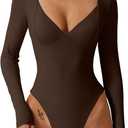 QINSEN Women's Long Sleeve Bodysuit V Neck Body Suits Seamed Cup Going Out Tops Shirt (Medium, Coffee Bean)