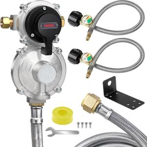 2-Stage Automatic Changeover LP Propane Gas Regulator with 2 Pack 18inchs RV Pigtail Propane Hoses with Gauge +1 Pack 48'' Stainless Braided Regulator Hose Assemblies. for Trailers, and Camper RVs