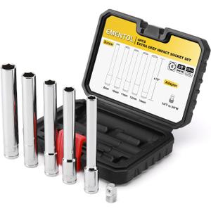 EMENTOL 6PCS 3/8-Inch Drive Metric Deep Socket Set, 8-14MM Deep Sockets&1/4-inch F-3/8-inch M Socket Adapter, Extra Long, 6-point