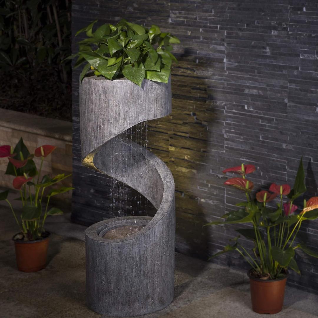 Glitzhome Outdoor Water Fountain with LED Light, Spiral Outdoor Fountain Waterfall with Stone Planter, Modern Curved Freestanding Fountain Water Feature for Garden Patio Backyard, 31.3" H