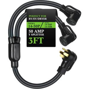 Kanayu 50Amp 14-50 Y Splitter Adapter Cord ETL Listed 14-50P Male to 2X 14-50R Female 4 Prong 250V Splitter for RV and EV Heavy Duty 6/3+8/1 STW AWG RV Generator Outdoor Extension Cord, 3 Ft (Black)