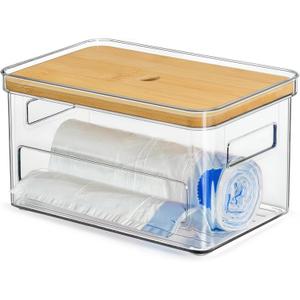 Acrylic Trash Bag Organizer Holder Garbage Bag Dispenser Multi Purposes Clear Organizers and Storage with Bamboo Lid, Tissue Paper Organizer Plastic Toilet Paper Storage