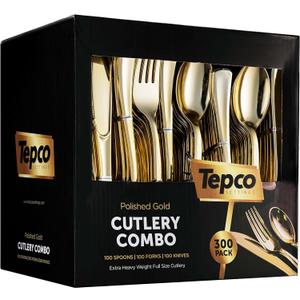 300 Gold Disposable Plastic Flatware Set - 100 Forks, 100 Spoons, 100 Knives - Heavy Duty Silverware for Party Bulk