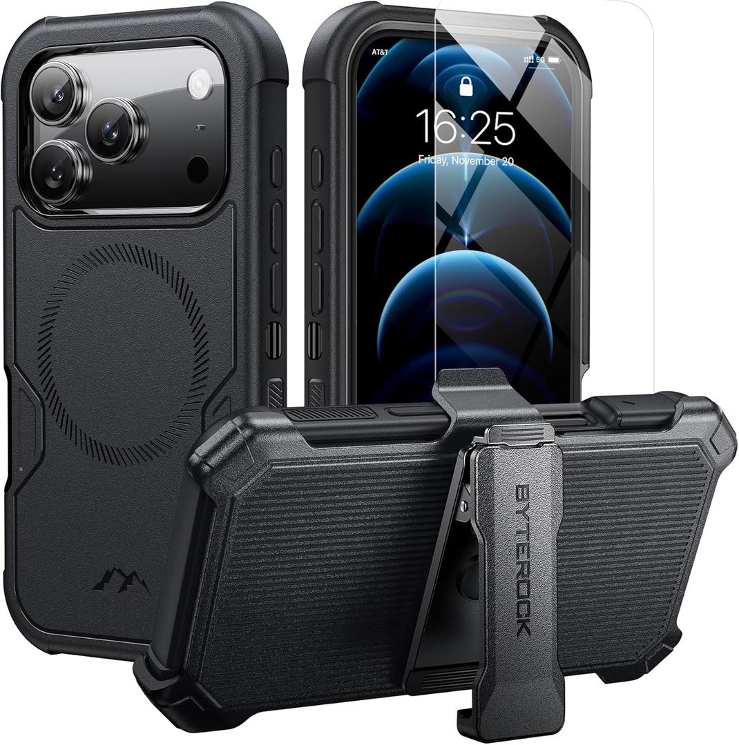 for iPhone 17 Pro Case 6.3" with Belt Clip Holster,Anti-Drop,Shockproof,Heavy Duty Protection,Compatible with MagSafe,w/Screen Protector,with 360Rotating KickstandBlack