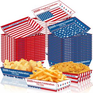 Geefuun 50Packs Fourth/4th of July Paper Food Trays Decorations 250th Anniversary Disposable Serving Plates Memorial Independent Labor Day Birthday Party Supplies Bulk, 6.3 x 4.2 x 1.3 inches