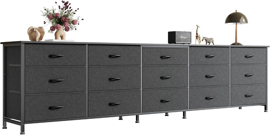 Huuger 86.6 Inch Dresser for Bedroom, TV Stand for 65, 75, 85 Inch TV, 15 Fabric Drawer Long Dresser, Large Entertainment Center for Bedroom, Wide Chest of Drawer with Storage, Black, 11.8"D x 86.6"W x 26.8"H