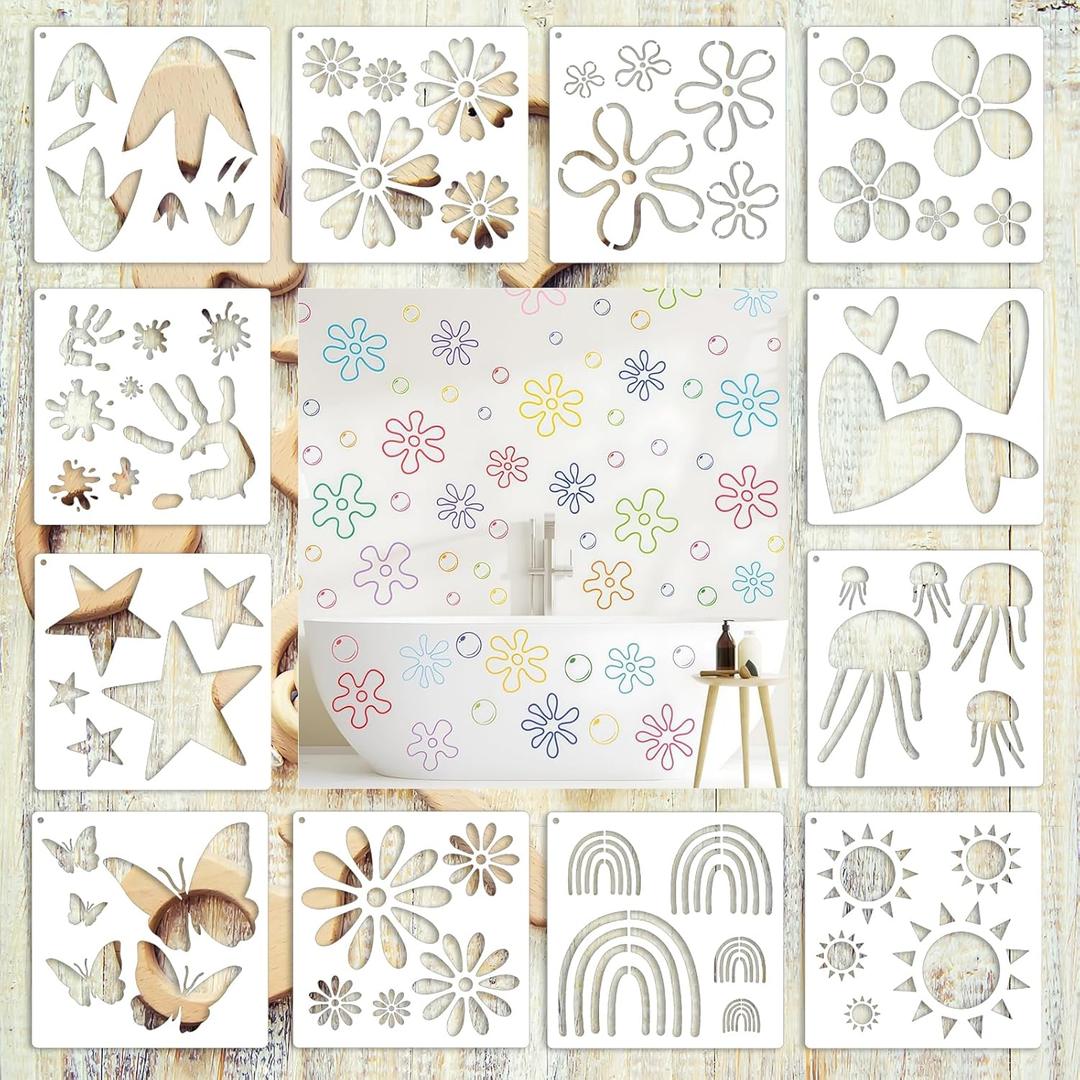 12 Pcs Large Sunflower Flower Stencils for Painting on Wood Garden Fence Paint for Kids Adult Art Crafts Projects Drawing Reusable Burning Pattern for Canvas Decorating (Baby Room)