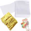 Augshy Cake Pop Bags, 300 Pcs Cellophane Treat Bags 3x5 with 300 Twist Ties 1.4 mils Thickness OPP Plastic Bags for Lollipop Candy Chocolate Cookie Wrapping Buffet