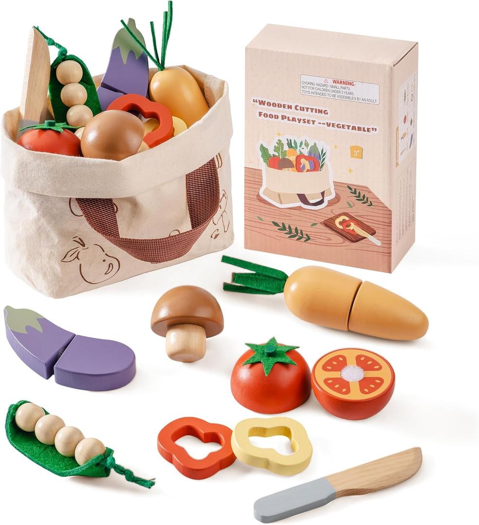 ROBOTIME Wooden Play Food Cutting Vegetable Set, Pretend Play Toy Food for Play Kitchen with Shopping Bag  Kids Kitchen Accessories, Wooden Veggie Toys for Boys & Girls
